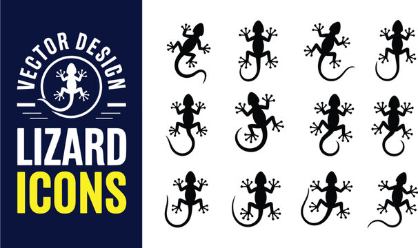 Black lizard gecko silhouette icon set featuring tribal reptile tattoos tropical salamander silhouettes and wild animal vector graphics