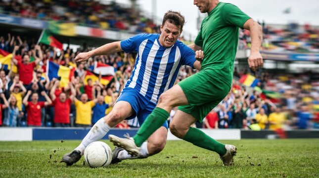 Competitive soccer match between two male athletes fighting for ball possession in a crowded stadium representing professional sports rivalry