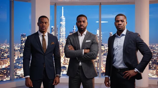 Three Confident African American Businessmen Standing in Modern NYC Office with City Skyline at Night