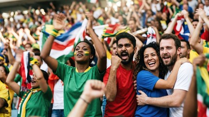 Fototapeta premium Diverse Group of Young Adult Soccer Fans Cheering and Celebrating a Goal at a Stadium Match Concept of Sports Passion and Unity