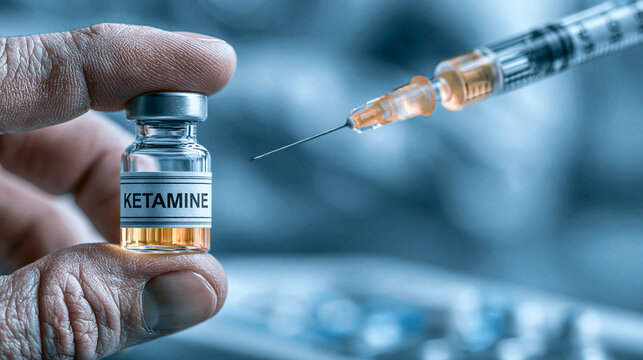 Ketamine Vial and Syringe: A close-up shot features a gloved hand holding a small vial labeled KETAMINE alongside a medical syringe filled with a clear liquid, hinting at medical use or research.