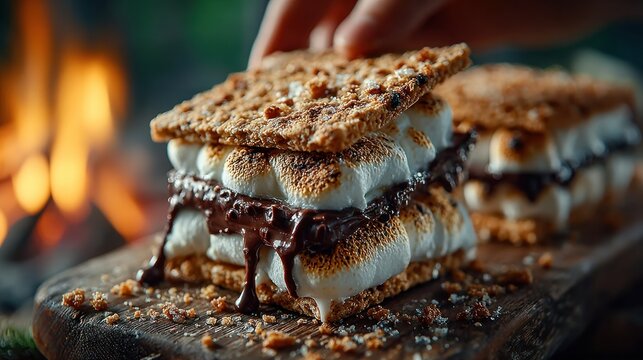 Delicious gooey s'mores with melted chocolate and toasted marshmallow by a warm crackling campfire