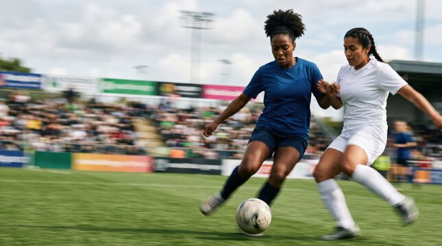 Competitive female soccer players battling for ball possession on professional grass field during intense match