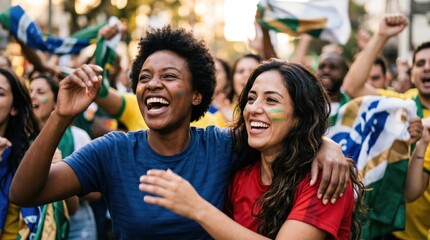 Naklejka premium Two happy diverse women celebrating sports victory together with Brazilian flags, cheering fans in background, concept of unity and joy
