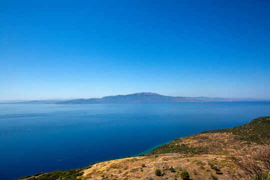 Panoramic View of Aegean Sea and Lesbos Island from Assos Ancient City Akropolis Turkey