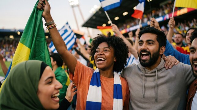 Diverse group of young adult friends cheering and celebrating together at a sports stadium with flags representing international unity and fan support