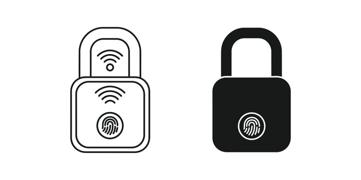 Smart padlock with fingerprint scanner and wireless connectivity in outline and solid black security