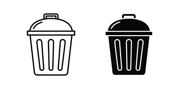 Trash can set with lid in minimalist line and solid black styles for waste management and recycling ui