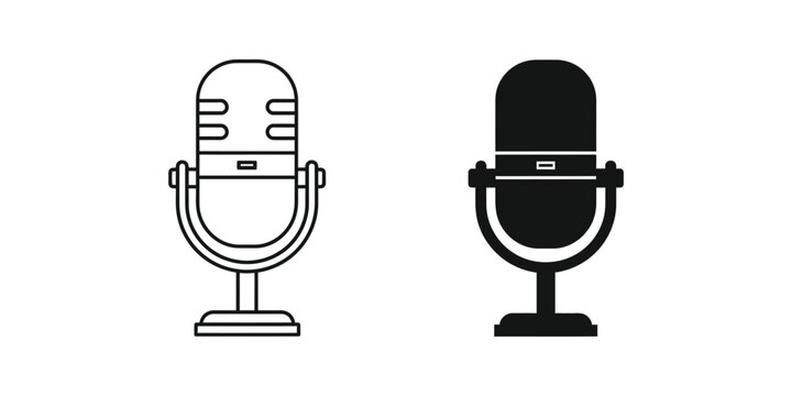Vintage style studio microphone set in outline and solid black for audio recording and broadcasting