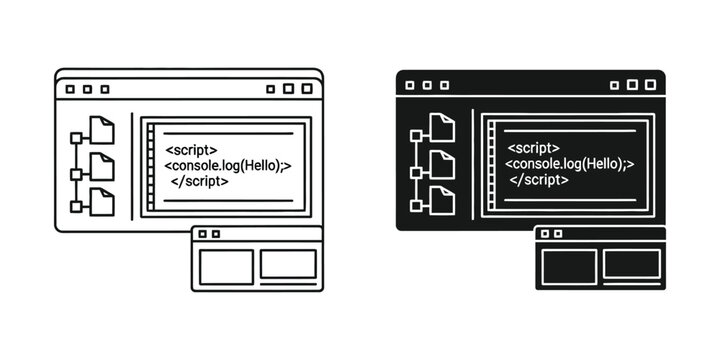 Web development interface set featuring code editor window with script tags and file hierarchy tree structure