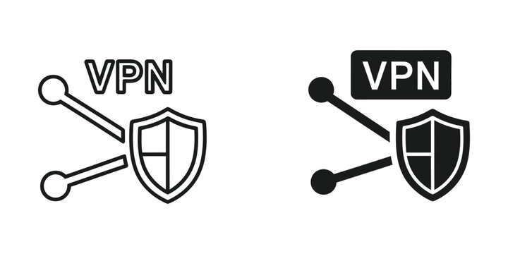 Vpn network security set with shield and connection nodes in outline and solid black styles for cyber safety