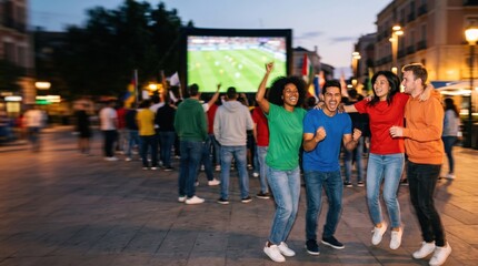 Naklejka premium Diverse group of young adult friends cheering while watching a soccer match on a large outdoor screen in a city square at dusk