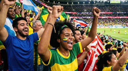 Naklejka premium Diverse Group of Young Adult Soccer Fans Cheering Enthusiastically in Stadium Crowd Celebrating Victory with Passionate Expressions