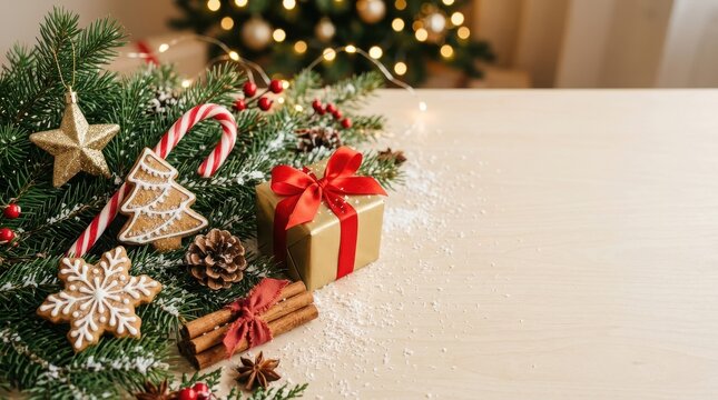 Christmas gift box, gingerbread cookies, and pine branches on a light wooden table surface