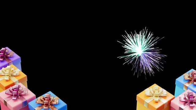 Gift boxes with colorful ribbons sit arranged on a dark surface while a bright firework explosion illuminates the background, creating a festive atmosphere perfect for holiday celebrations or sales.