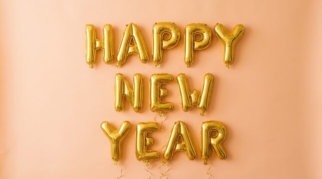 Gold foil letter balloons spelling happy new year against a soft peach colored background