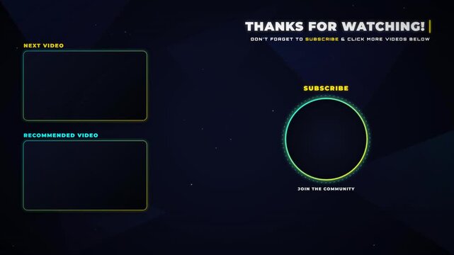 Stylish dark blue end screen template with animated subscribe button and video placeholders for creators