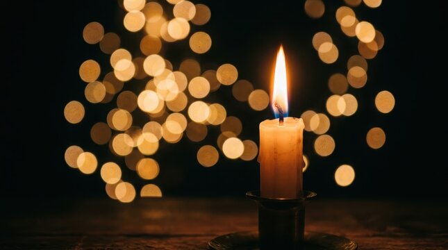 Single lit candle in a dark metal holder against a background, of soft golden, bokeh lights