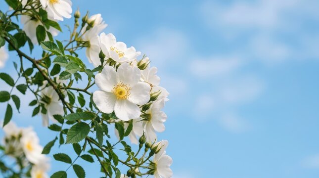 White wild rose flowers blooming on a branch against a clear blue sky background