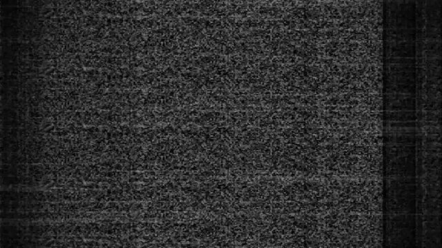 Analog signal static noise texture rolls fuzzy monochrome video distortion on black. Glitchy media broadcast overlays include an analog signal static noise texture layer view.