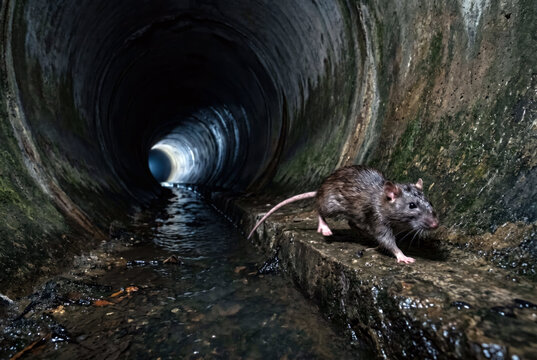 A large brown rat runs through a dark concrete sewer tunnel beside shallow water, creating an unsettling urban scene that highlights the hidden habitats of rodents. Urban pest concept