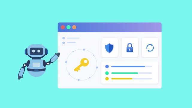 Modern flat vector animation of an AI security management dashboard with virtual assistant, authentication controls, encryption, password protection, and security monitoring. Ideal for artificial inte