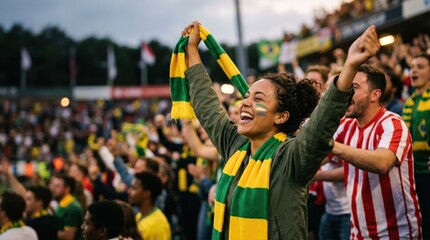 Obraz premium Excited young woman soccer fan cheering with scarf in stadium crowd, diverse sports supporters celebrating victory, enthusiastic football match atmosphere