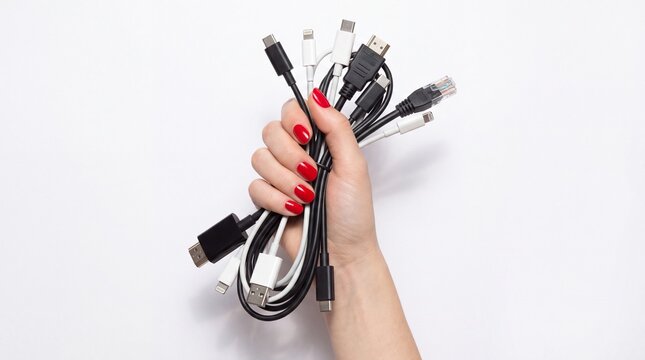 Hand holding multiple electronic cables, red nails