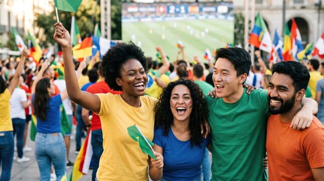 Diverse group of young adult soccer fans celebrating victory together outdoors watching a match on a big screen with flags