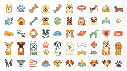 Collection of cute cartoon dog icons and related pet accessories, perfect for various design projects. © Eza
