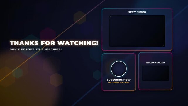Modern YouTube end screen template featuring colorful hexagonal bokeh and stylish geometric background with video placeholders.