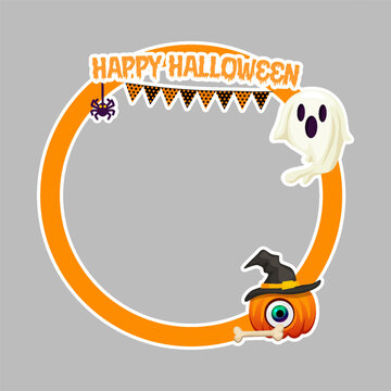 Cute Halloween Round Frame with Ghost and Pumpkin Cartoon Vector