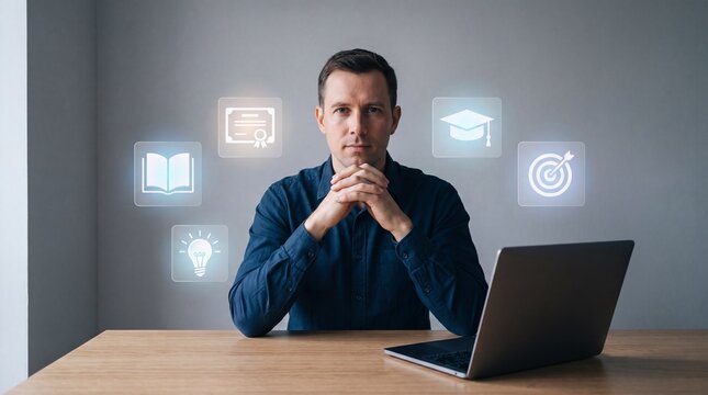 Man Thinking at Desk with Laptop in Modern Office Setting