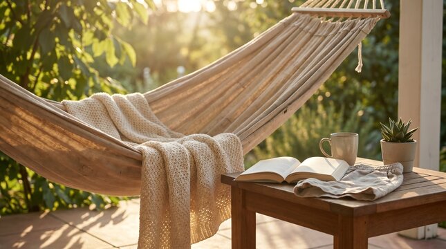Cozy outdoor reading nook with hammock and book on wooden table at sunset for relaxation and slow living lifestyle concept
