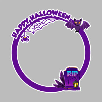 Purple Halloween Circle Frame with Bat, Spider Web and Tombstone Vector