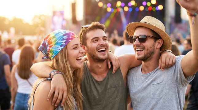 Three young adult friends laughing and hugging at an outdoor summer music festival concert enjoying live entertainment together