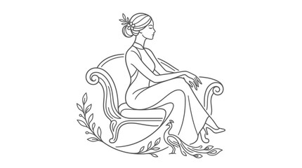 Obraz premium Elegant woman sitting on a vintage sofa with a peacock line art illustration.