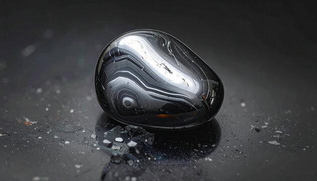 Polished black gemstone with intricate white patterns on dark surface