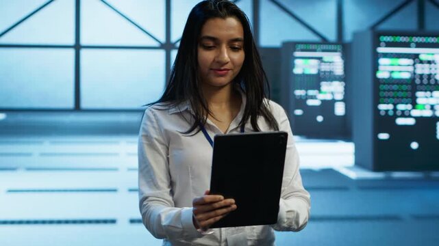 Inside a data center, administrator monitors cybersecurity risks with a tablet, linking network security, data protection and regulatory compliance during hardware and software coordination