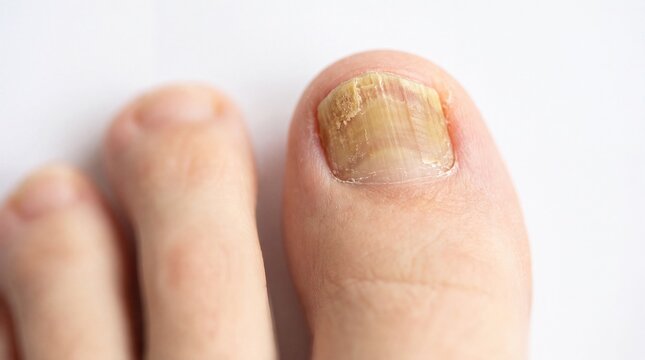 Close up of toenail fungus infection on human foot with discoloration and damage