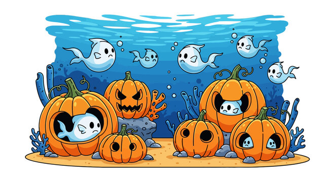 Cute cartoon ghosts swimming underwater inside carved Halloween pumpkins on the sandy ocean floor.