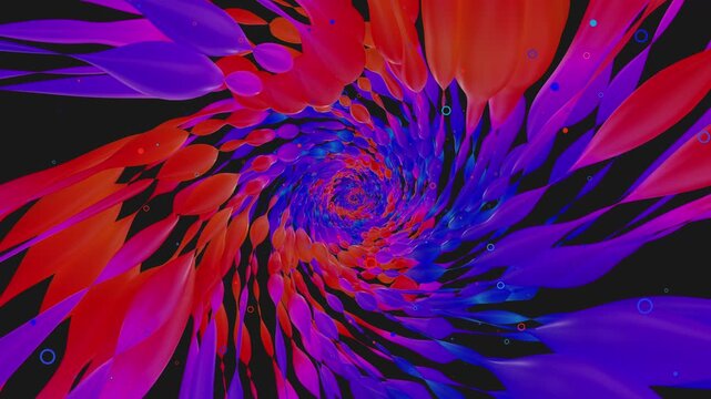 Hypnotic seamless loop of a futuristic organic tunnel. Abstract digital vortex made of twisting biomorphic shapes, liquid drop structures and floating particles, creating deep micro world perspective