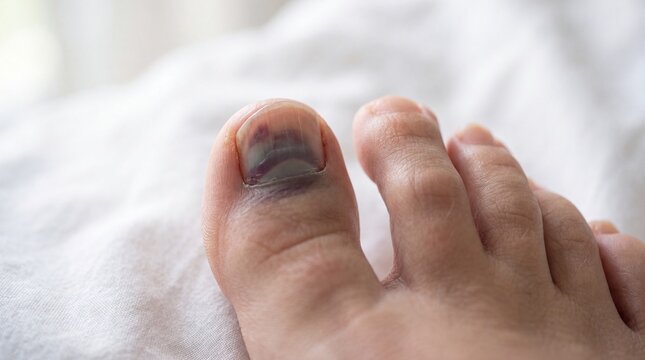Close up of bruised toe with bandage on white bedsheet