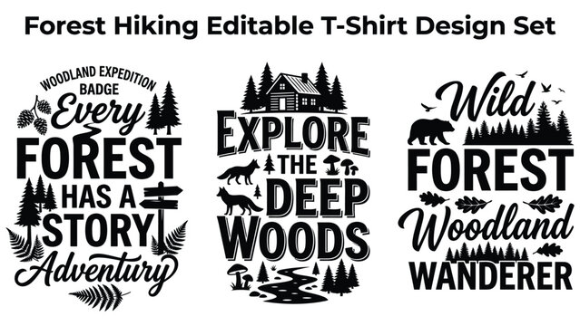 Forest hiking editable t shirt design set with trees and animals