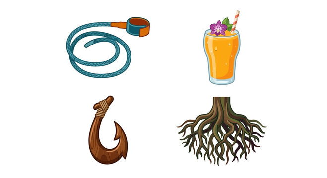 Summer surfboard leash cocktail wooden fish hook and tree roots icons