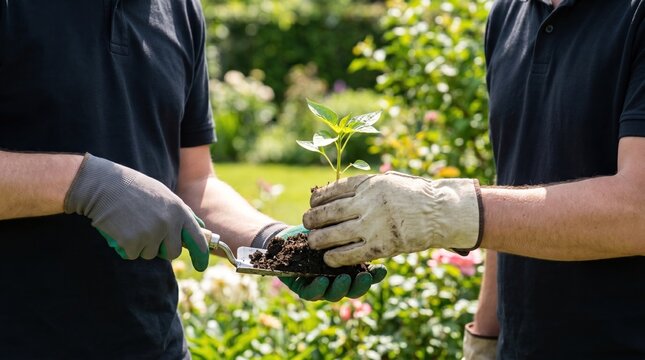 Two male gardeners planting a young green seedling in soil, professional landscaping team working together in a sunny garden, concept of sustainability and growth