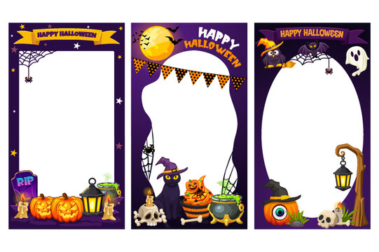 Halloween vertical frame banners set for social media with witch cauldron and characters