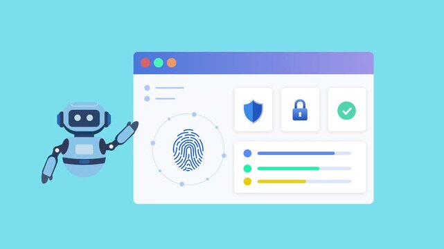 Modern flat vector animation of an AI biometric security dashboard with virtual assistant, fingerprint authentication, identity verification, and protection status. Ideal for artificial intelligence, 