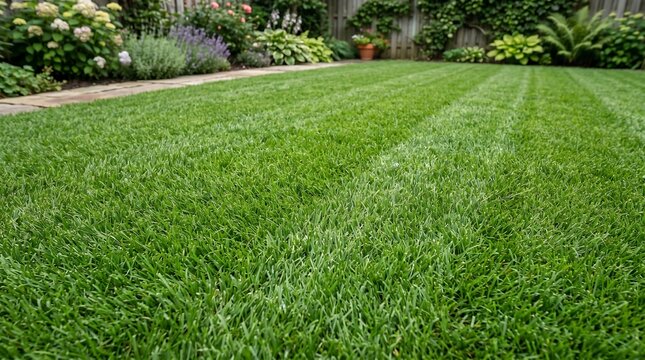 Fresh green mowed lawn in a peaceful residential garden