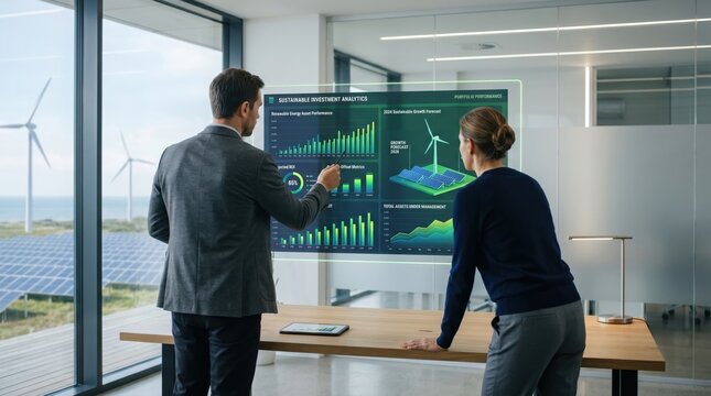 Two professionals analyzing sustainable investment analytics dashboard displaying wind turbine and solar farm performance data charts, ESG metrics and ROI trends in eco-friendly...